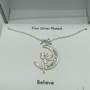 DISNEY TINKERBELL CRYSTAL MOON PENDANT NECKLACE Silver Plated